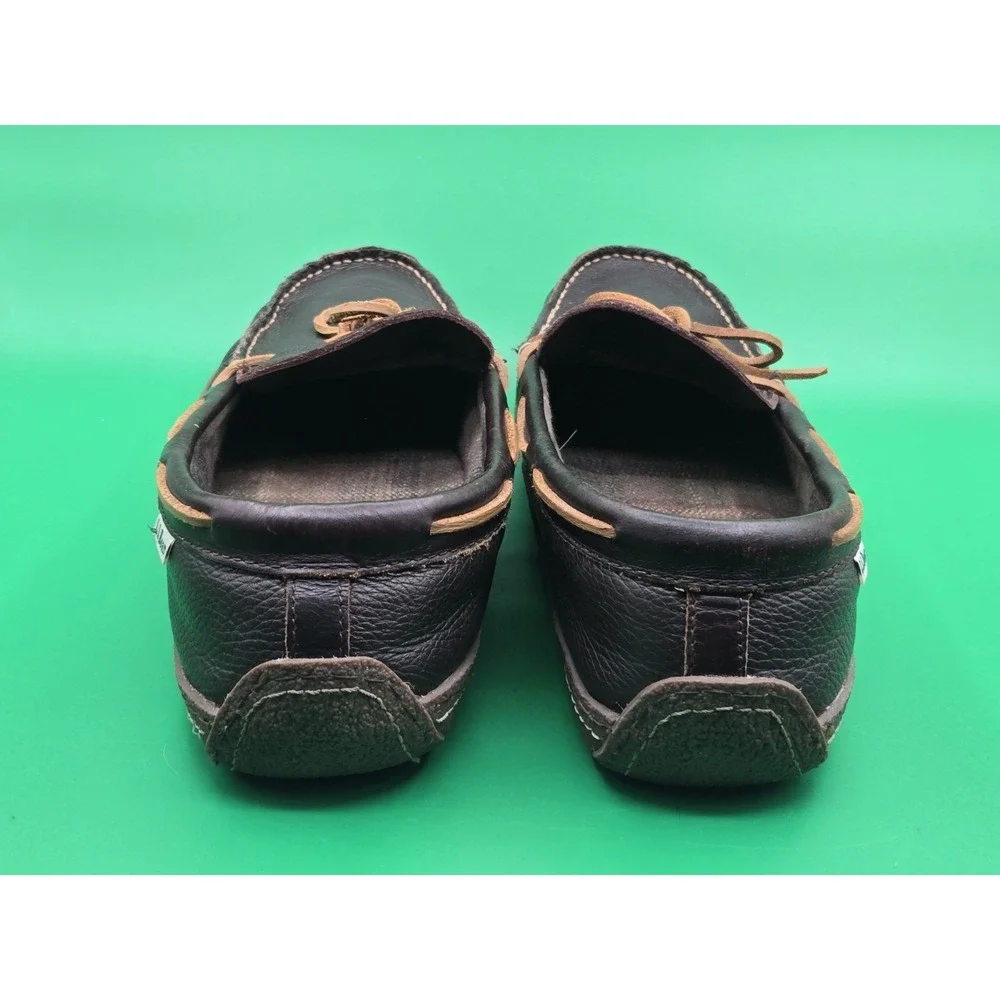 LL Bean Mens 14 Leather Moccasin Flannel Lined Slippers Loafer Shoe 212164 Brown